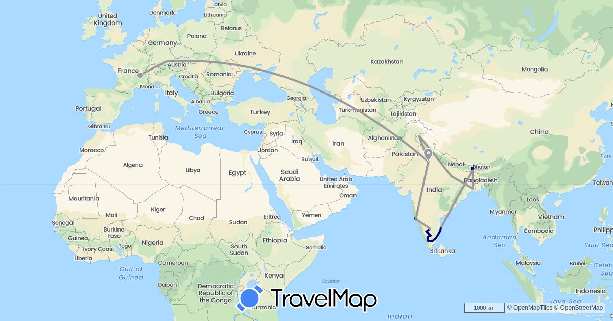 TravelMap itinerary: driving, plane in Germany, France, India (Asia, Europe)