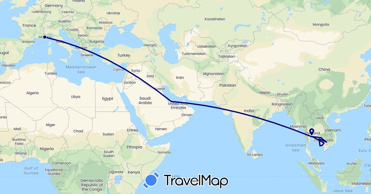 TravelMap itinerary: driving in France, Cambodia, Qatar, Thailand (Asia, Europe)